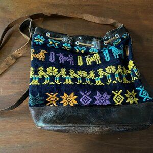 Vintage Woven Guatemalan Boho Cross Stitch Crossbody Bucket Bag Leather accents